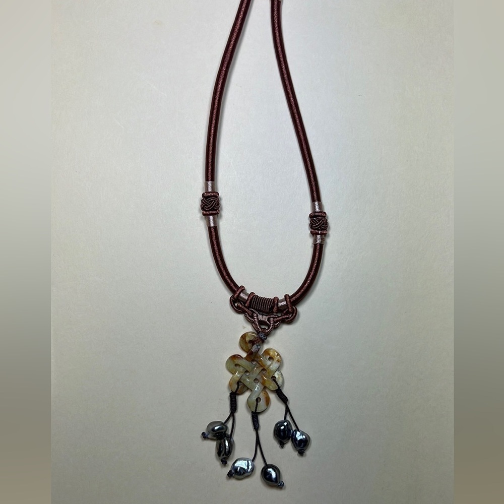 Carved Agate Infinite Knot and Tahitian Pearls with Silk woven Chain Necklace - Picture 5 of 9